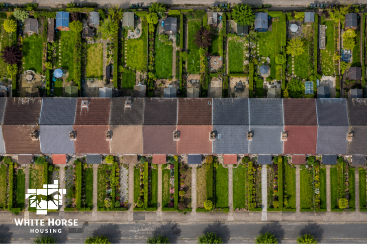 Image of an aerial view of a row of terraced houses and gardens