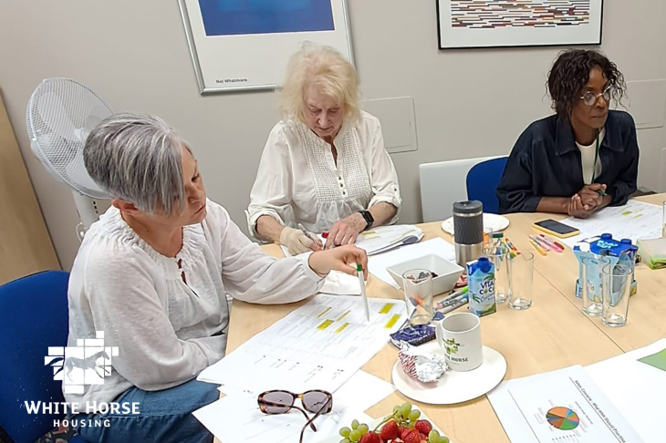 Image of three members of our Tenant Scrutiny Panel at a table engaged in a discussion.